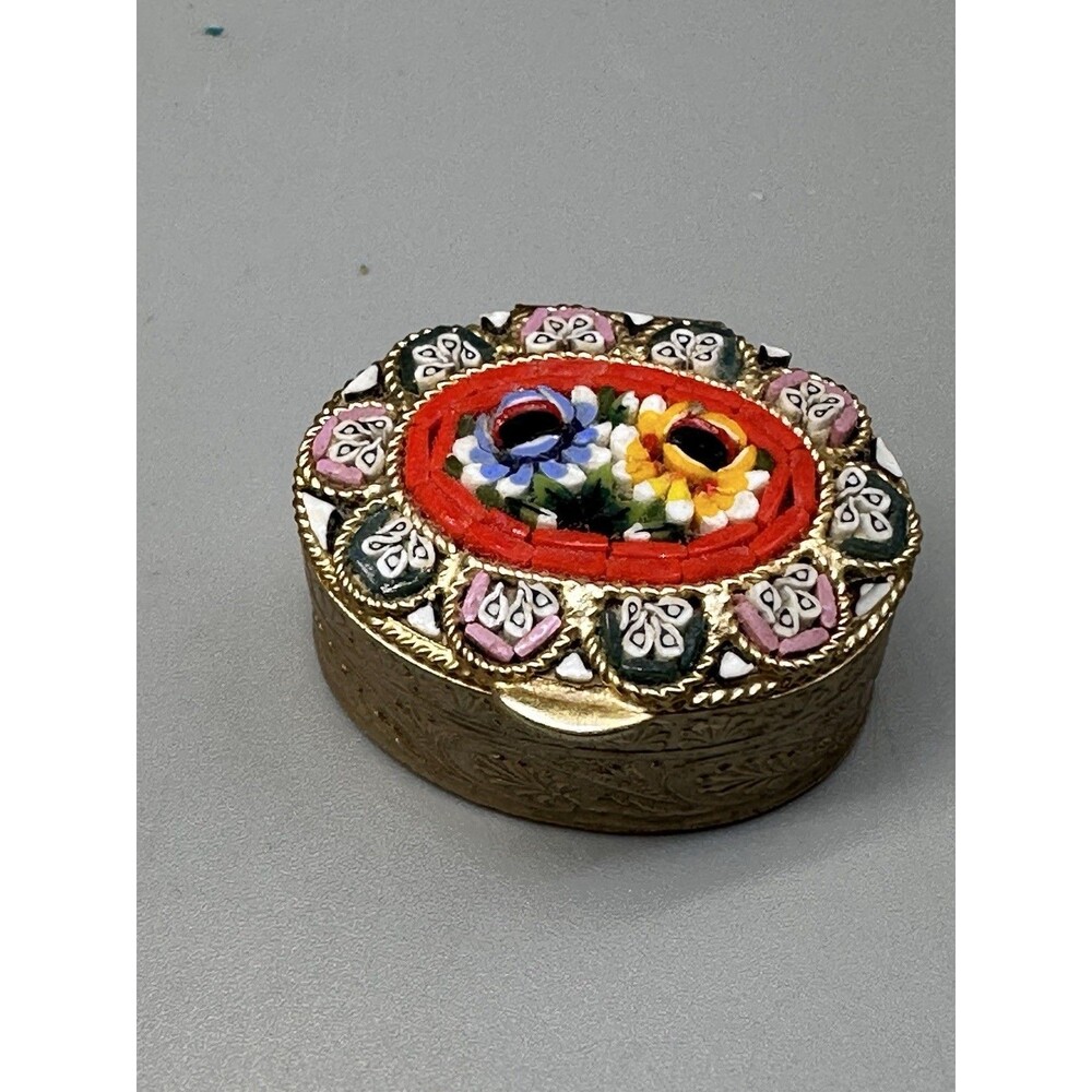 1.5" Oval Hinged Micro Mosaic Italy Trinket Pill Box Ornate Floral Collectible